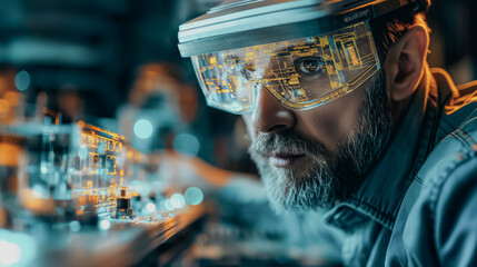 Designers wearing augmented reality glasses, creating and manipulating 3D models in a modern workspace, digital elements integrated into physical surroundings, sleek high-tech atmosphere.
