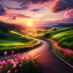 sunset over the road