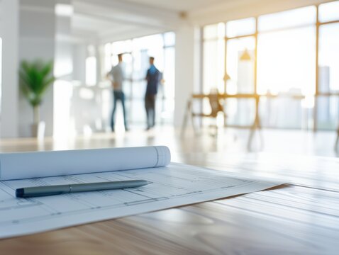 Modern office with architectural plans on a desk, two people in the background having a discussion, large windows, and natural light.
