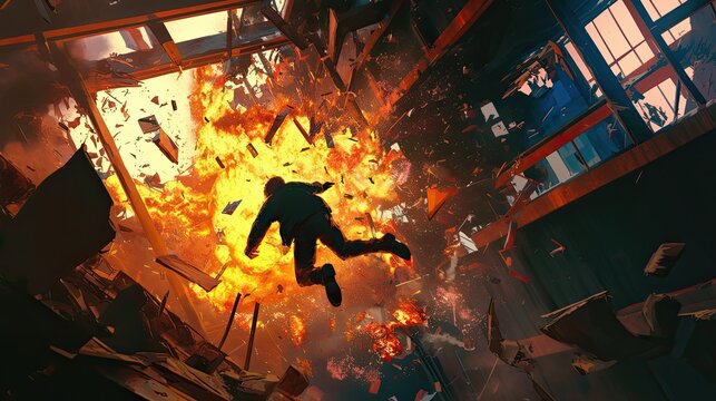Protagonist escaping an exploding warehouse, debris and flames,