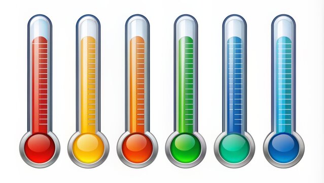Colorful illustration of fundraising thermometer at different levels isolated on white background, showcasing progress towards goal achievement.