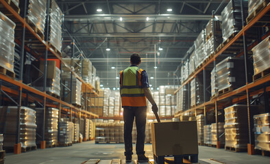 Warehouse employee holding a loaded pallet jack in a logistics centre