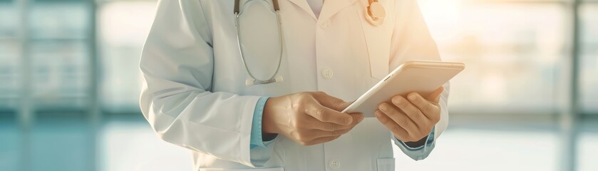 Doctor Using Digital Tablet in Sunlit Hospital