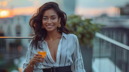 A young woman smiles and holds a glass of wine on a rooftop terrace at sunset.