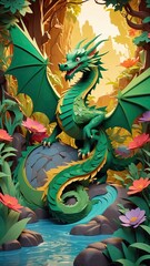 Fototapeta premium A mesmerizing paper-cut animation of the green dragon comes to life on the screen