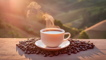 coffee cup with hot steam smoke and roasted coffee beans around3