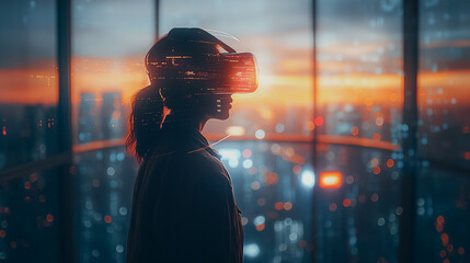 Individual with VR headset in a futuristic office, engaging with holographic data displays, city skyline through the window, sleek high-tech atmosphere.