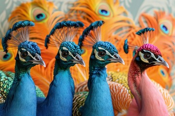 Vibrant Peacock Group in Fashionable Outfits for Birthday Party Invite or Advertisement with Solid Background and Copy Space