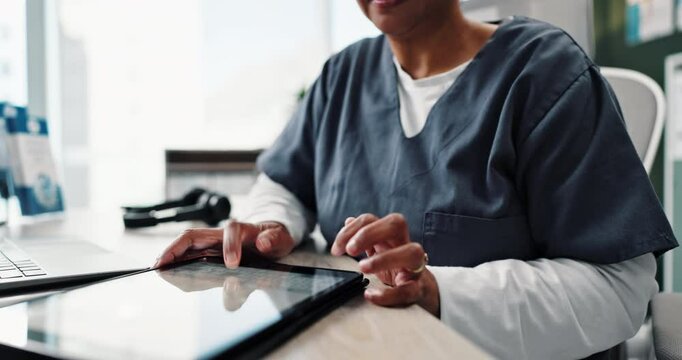 Nurse, typing and tablet for prescription in office, medical report or website for feedback with Telehealth. Tech, hand and healthcare professional for results, email or female person for medicare