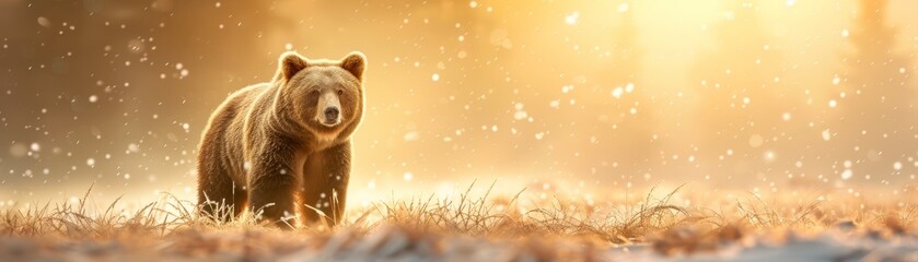 Obraz premium Grizzly Bear in Snowy Sunset Landscape