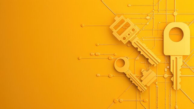 Warm ochre background featuring subtle, abstract representations of atoms and particles