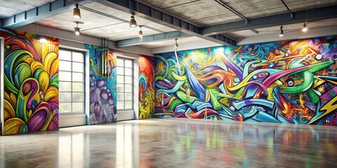 Fototapeta premium Empty interior with colorful abstract graffiti on front wall, graffiti, abstract, vibrant, colorful, urban, art, street, design