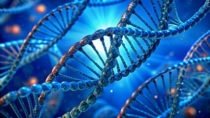 Vibrant blue background showcases intricately twisted 3D rendered double helix DNA strands in mesmerizing close-up detail with striking molecular structure.