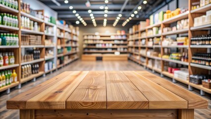 Isolated wooden table display on shelving unit in retail store interior with blurred surrounding products and shelves background.