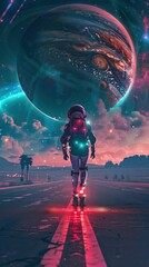 Fototapeta premium a cyberpunk scene, synth wave inspired, a person covered in leds roller skating toward the horizon on a road at night, theres a large alien planet in the sky