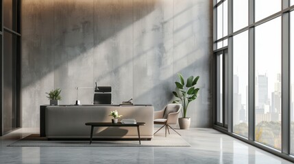 Fototapeta premium Modern Office Interior with Concrete Wall and City View