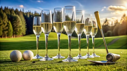 Five glasses of champagne next to a set of golf clubs, balls, and tees on a grassy field, celebration, luxury, sport, golfing