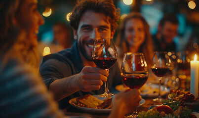 group of friends toasting with red wine at a dinner party, relishing each other's company and the rich flavors of their beverage in a warm, convivial setting.