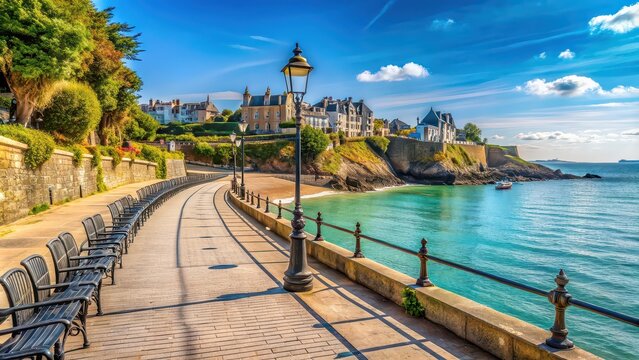 Scenic view of the Amazing promenade du Clair de Lune in Dinard, Brittany France, promenade, Clair de Lune, Dinard, Brittany, France