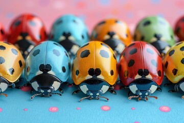 Fototapeta premium Ladybugs in Vibrant Fashionable Outfits Gathered for Birthday Party Invite on Solid Background with Ad Copy Text Space