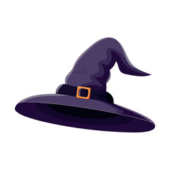 Purple witch hat isolated on white background. Symbol of witchcraft. Halloween decorative element. Vector illustration.