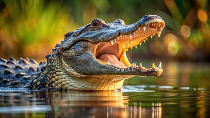 Naklejka premium Alligator emerging from water with open mouth ready to snap at prey, alligator, wildlife, predator, danger, reptile, carnivore, animal
