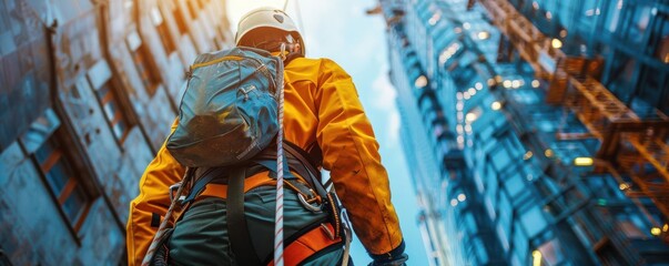 Rope access technician with safety gear