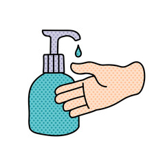 disinfected hand using disinfectant halftone hand drawn  color vector illustration