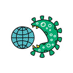 world and virus concept halftone hand drawn  color vector illustration