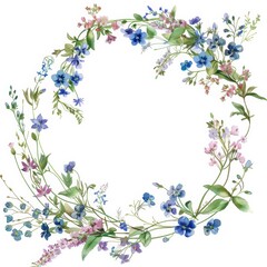 Fototapeta premium A delicate crown of watercolor wildflowers, such as forget-me-nots and violets, frames the white background, creating a feeling of airy elegance.