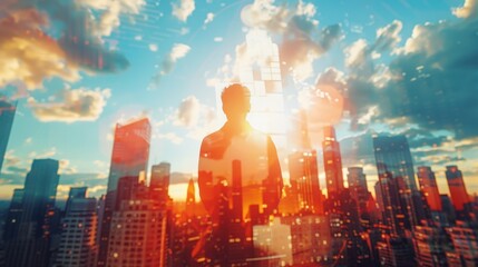 Fototapeta premium Silhouette of a person against a vibrant cityscape at sunrise, symbolizing urban life, growth, and possibilities in the modern world.