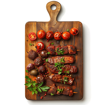 Board and plate of tasty Fara with on white background.