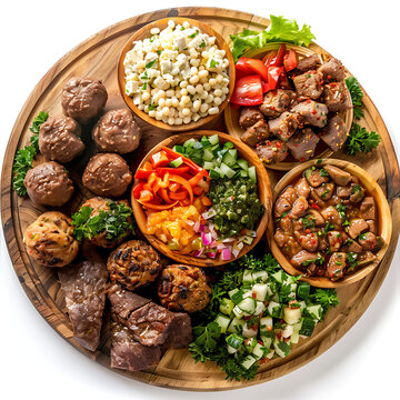 Board and plate of tasty Fara with on white background.