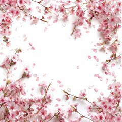Naklejka premium Delicate pink cherry blossoms dance across a white background, creating a dreamy and romantic frame with a touch of Japanese inspiration. 