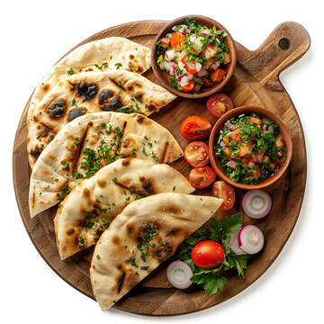Board and plate of tasty Fara with on white background.