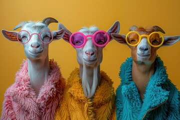 Goat Fashionistas in Colorful Outfits - Perfect for Birthday Invites or Advertisements with Copy Space