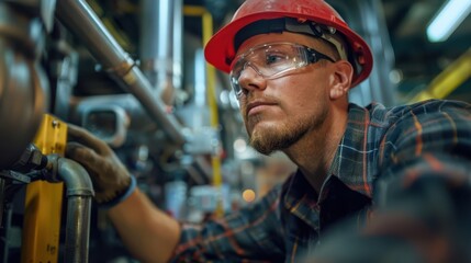 AC technician performing preventive maintenance on an industrial HVAC system, natural photograph