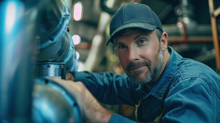AC technician performing routine checks on an industrial HVAC system, natural photograph