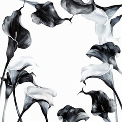 A graceful watercolor frame composed of black and white calla lilies against a stark white backdrop for a timeless look