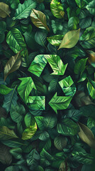 Obraz premium Green leaves background with recycling sign