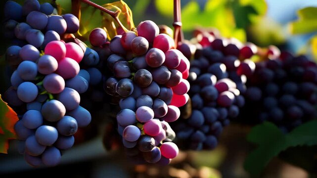 Ripe grapes hanging on vine in sunny vineyard