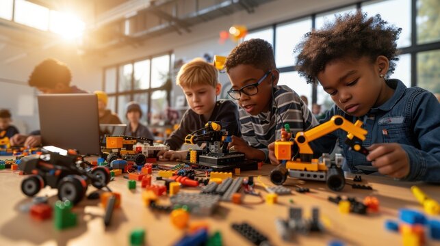 Group of elementary students working together on coding programmable robots with colorful blocks and various devices in a bright classroom setting