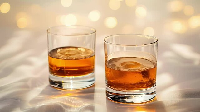 A shot of a pair of whiskey glasses clinking together the amber liquid inside sloshing slightly and creating a satisfying sound.