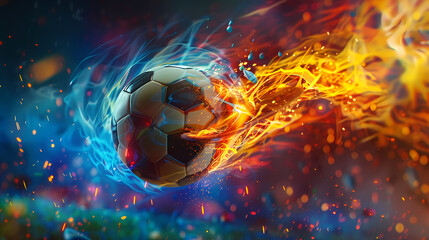 Soccer ball flying in colorful fire on fantasy background