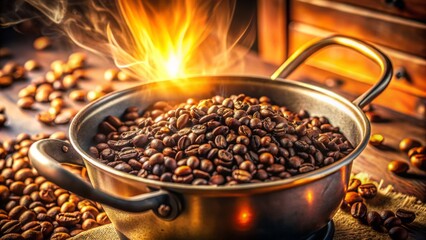 Warm golden light illuminates a rustic cooking pot filled with aromatic coffee beans roasting to perfection on a stovetop.