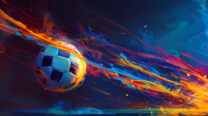 Soccer ball flying in colorful fire on fantasy background