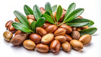 Fresh green leaves surround Argan nuts on isolated white background showcasing Moroccan Argania Spinosa seeds for oil production purposes.
