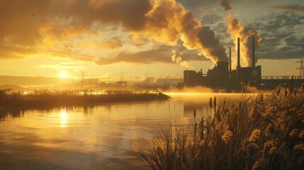 Golden Dawn Majestic Power Plant by the River at Sunrise Industrial Beauty and Nature's Harmony Captured in One Stunning Image