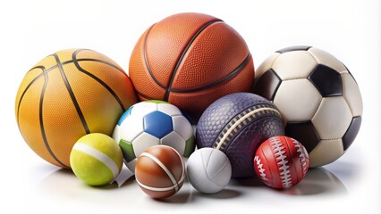 Assorted colorful balls for various sports games, including football, basketball, tennis, and baseball, on a clean white background, in 3D realistic detail.