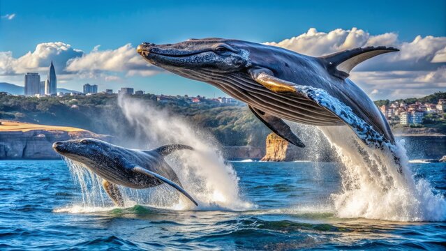 Majestic blue whale breaches ocean surface alongside humpback whale, showcasing Australia's vibrant Sydney coastline in stunning 4K clarity.